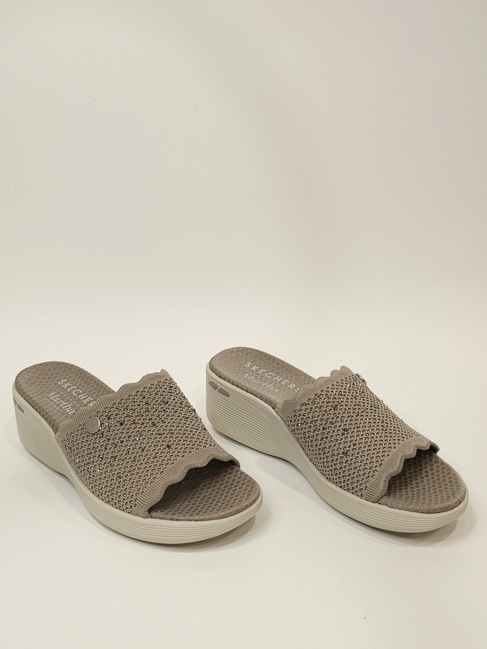 Skechers Women's Taupe Knit Slip-On Wedge Sandals With Rinestones